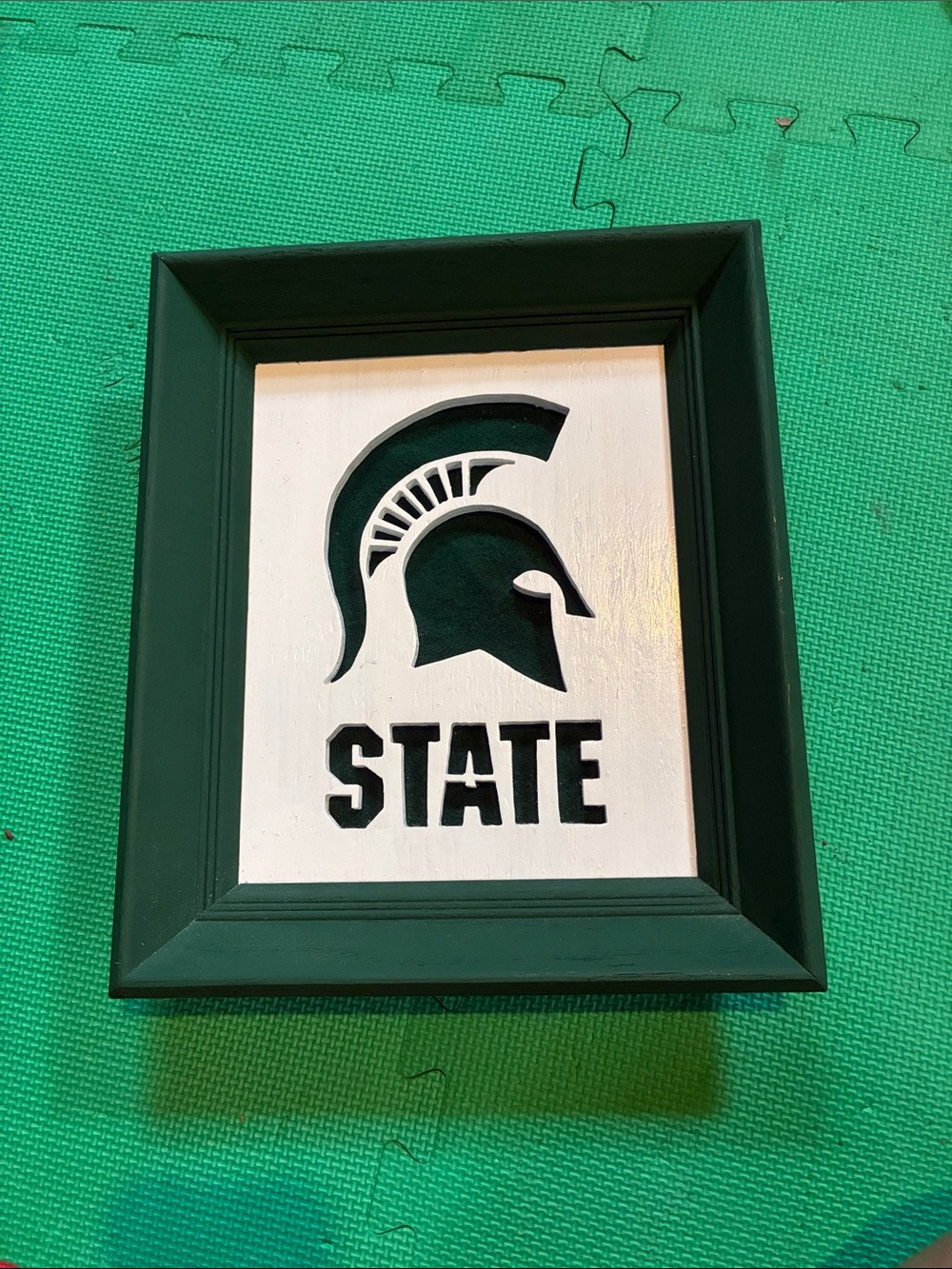 Michigan State University Spartan Helmet wood and felt Framed Wall Accent